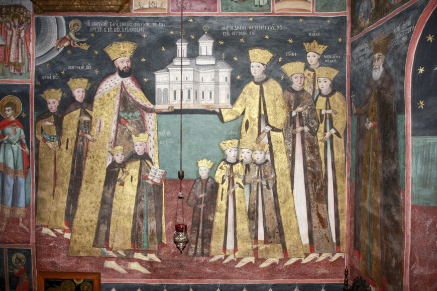 Pronaos, eastern wall to the south, Voivode Constantine Brâncoveanu, Lady Maria, and their children, votive painting, 1694 and 18th-century retouchings, The Monastic Church of the Hurezi Monastery, Horezu, Romania, 1692–94 (photo: author)