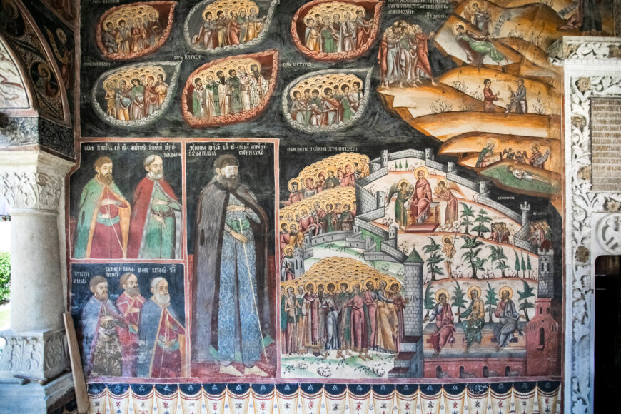 Porch, eastern wall, to the north: Last Judgment, detail: Heaven, with the portraits of Manea, the master of masons, Istratie the carpenter, and Vucaşin Caragea the stonemason The Monastic Church of the Hurezi Monastery, Horezu, Romania, 1692–94 (photo: Ioan Popa)