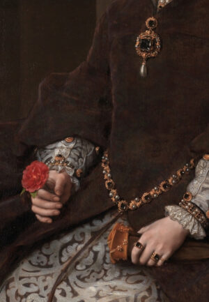 Rose, diamond ring, and pearl pendant (detail), Anthonis Mor, Portrait of Mary Tudor, 1554, oil on panel, 178 x 136.5 cm (Museo Nacional del Prado, Madrid)