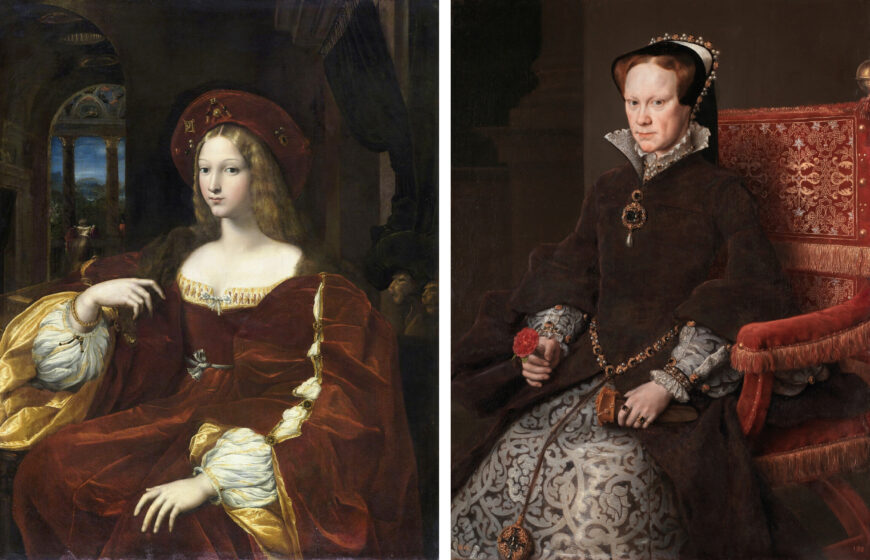 Left: Raphael and Giulio Romano, Doña Isabel de Requesens y Enríquez de Cardona-Anglesola, 1518, oil on canvas, 120 x 95 cm (Musée du Louvre, Paris); right: Anthonis Mor, Portrait of Mary Tudor, 1554, oil on panel, 178 x 136.5 cm (Museo Nacional del Prado, Madrid)