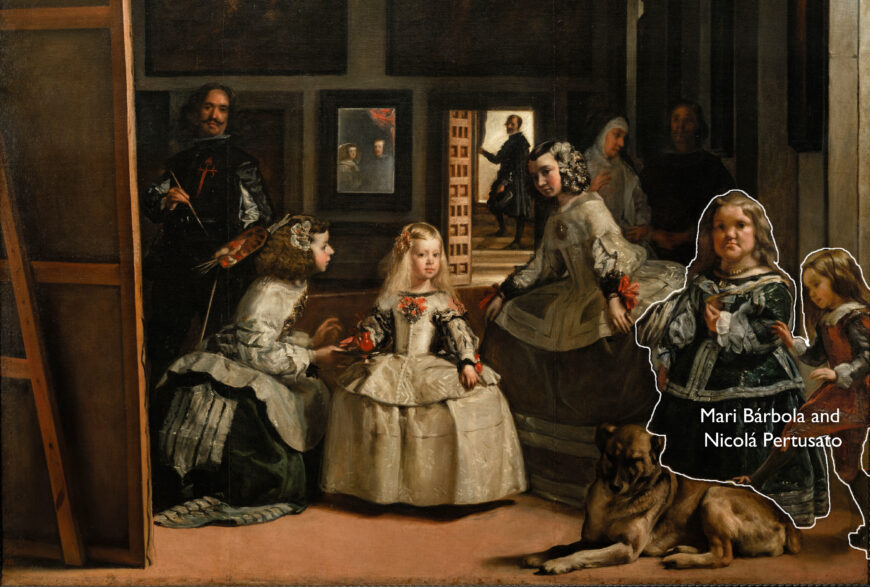 Court dwarfs Mari Bárbola and Nicolá Pertusato (detail), Diego Velázquez, Las Meninas, c. 1656, oil on canvas, 318 x 276 cm (Museo del Prado, Madrid)