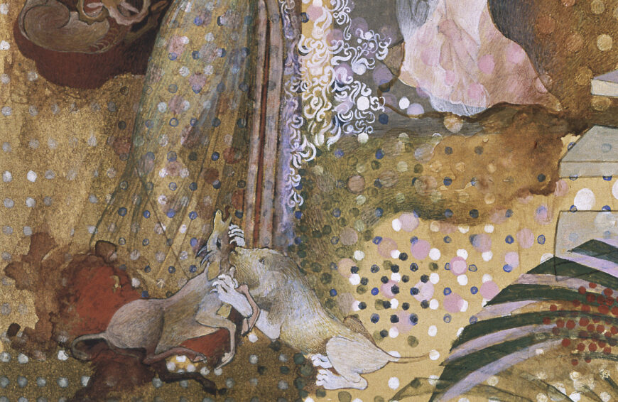 Dots might reference Islamic aesthetics or bullet holes (detail), Shahzia Sikander, Pleasure Pillars, 2001, vegetable color, dry pigment, watercolor, and tea on wasli paper, 43.2 x 30.5 cm (Collection of Amita and Purnendu Chatterjee) © Shahzia Sikander, courtesy: the artist, Sean Kelly, New York and Pilar Corrias, London