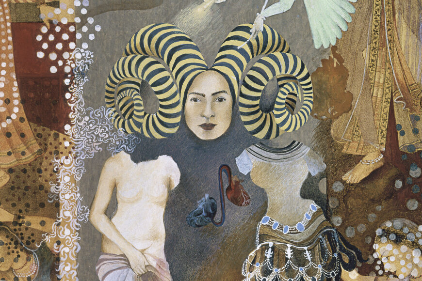 Self-portrait with striped horns (detail), Shahzia Sikander, Pleasure Pillars, 2001, vegetable color, dry pigment, watercolor, and tea on wasli paper, 43.2 x 30.5 cm (Collection of Amita and Purnendu Chatterjee) © Shahzia Sikander, courtesy: the artist, Sean Kelly, New York and Pilar Corrias, London