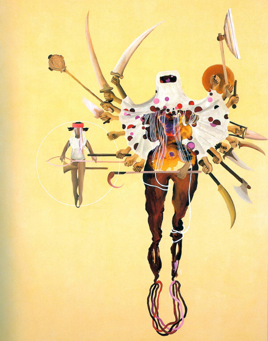 Avatar (detail), Shahzia Sikander, Fleshy Weapons, 1997, acrylic, dry pigment, watercolor and tea wash on linen, 243.8 x 167.6 cm © Shahzia Sikander