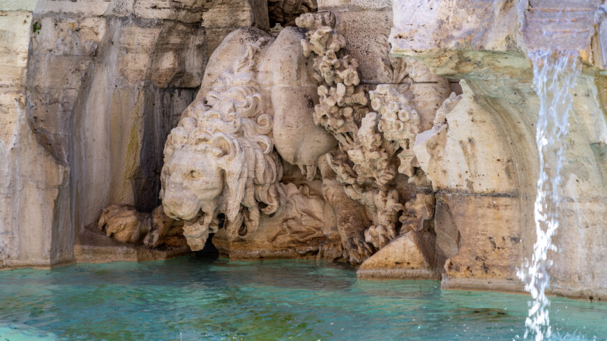 Lion (detail), Gian Lorenzo Bernini, Fountain of the Four Rivers (Fontana dei Quattro Fiumi), 1651, marble (Piazza Navona, Rome, commission by Pope Innocent X; photo: Steven Zucker, CC BY-NC-SA 2.0)