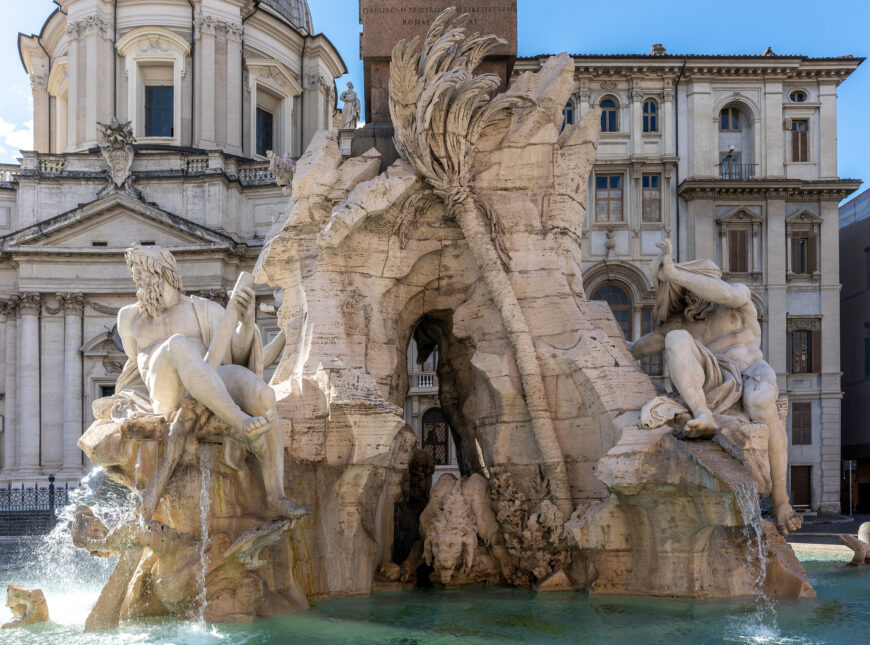 Travertine base (detail), Gian Lorenzo Bernini, Fountain of the Four Rivers (Fontana dei Quattro Fiumi), Piazza Navona, Rome, commission by Pope Innocent X, 1651, marble (photo: Steven Zucker, CC BY-NC-SA 2.0)