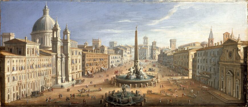 Hendrik Frans van Lint, View of the Piazza Navona, Rome, c. 1730, oil on canvas, 26.7 x 63.5 cm (Los Angeles County Museum of Art)