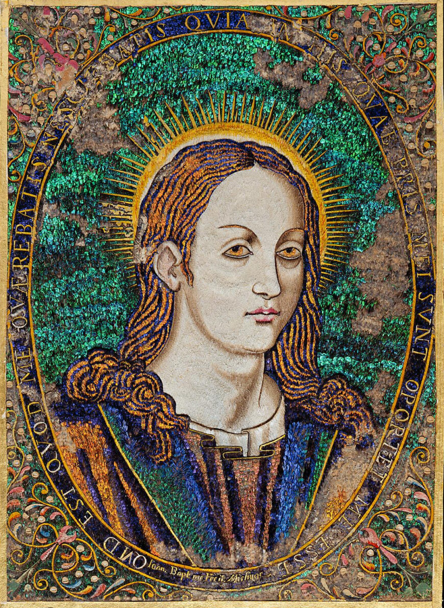 Juan Baptista Cuiris, image of Christ made with feathers, c. 1590–1600, 25.4 x 18.2 cm (Kunsthistorisches Museum, Vienna)