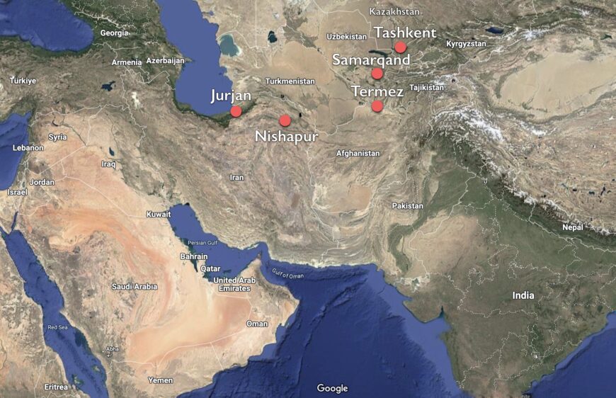 Primary sites where epigraphic Samanid ceramics have been excavated in Khurasan and Transoxiana (underlying map © Google)