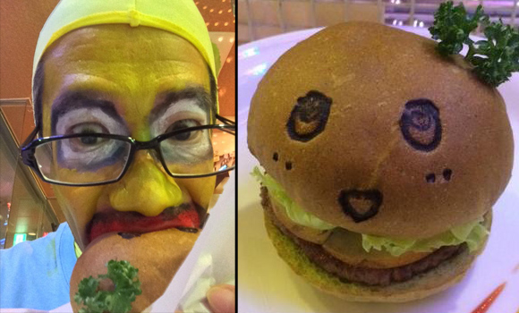 Funasshi’s unofficial mascot Satosshi grabs a pear burger and risks getting beaten up