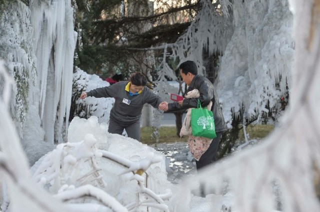 Water pipe bursts at Beijing art building, turns everything into a frozen winter wonderland