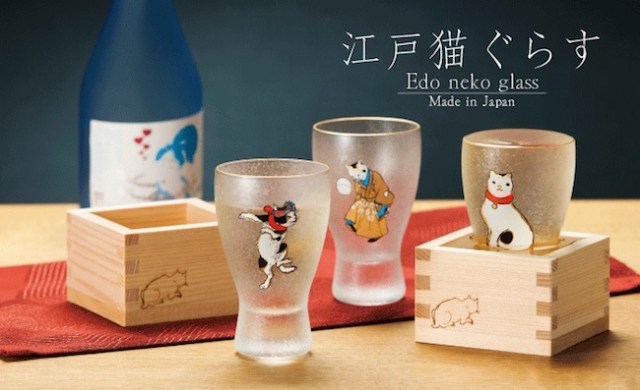 These delicate sake glasses decorated with ukiyo-e style cat art are simply delightful