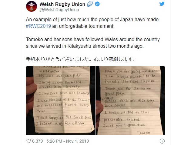 Welsh rugby team wins over the heart of Japanese mom, receives sweet handwritten note from her