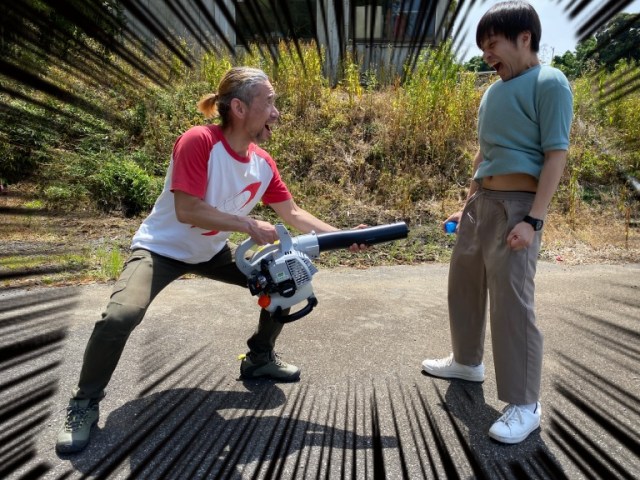 Unable to learn our lesson, we blast ourselves in the crotch with cooling spray and a leaf blower