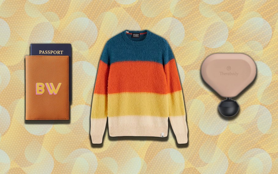 Non-cheesy Valentine's Day gifts including a passport case, colorblock sweater and Theragun mini.