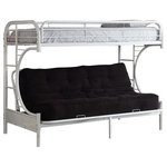 Sleep and Play USA - Cabot Twin XL over Queen Futon Bunk Bed, White - Our Cabot White Twin XL over Queen Futon Bunk Bed is one of a kind! It features a twin xl bed on top and a queen size futon on the bottom. With the versatility of the futon, you can use it as a couch during the day, and fold it down into a sleeping spot at night. This bed is perfect for a bedroom, spare room, cabin or vacation home. Made of sturdy metal in a silver, blue, white or black finish. Includes: top twin xl bed, bottom queen futon frame, 2 full length guardrails, built-in ladders on each end of the bed, and mattress supports. 41-1/2"W x 84"L x 65"H. (62"W when futon is down)
