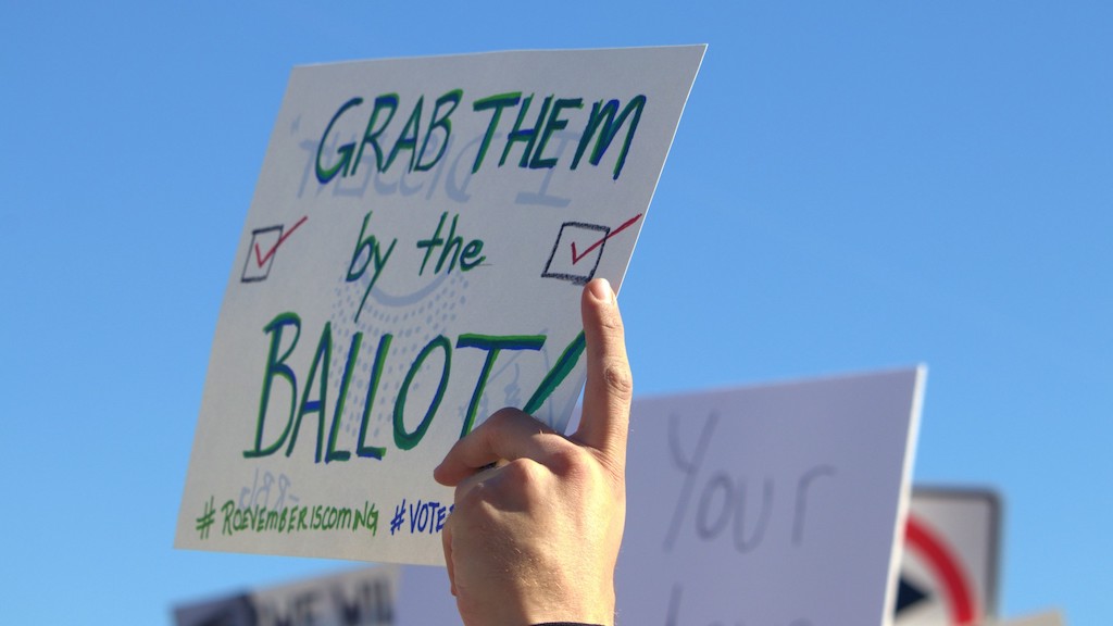 An abortion-rights supporter holds a sign.