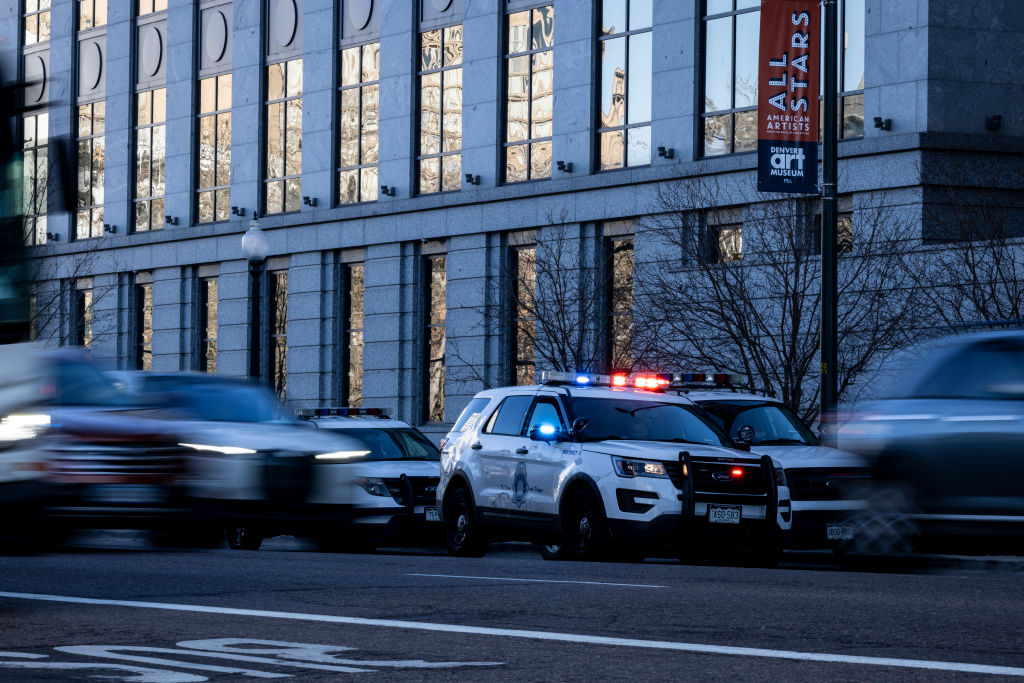 Police patrol outside the Ralph L. Carr Colorado Judicial Center in Denver.