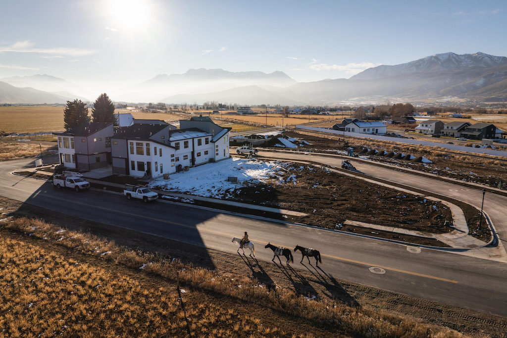 An aerial shot of a man leading horses down a road.