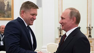 Russian President Vladimir Putin shakes hands with Slovak Prime Minister Robert Fico during their meeting in the Kremlin in Moscow in 2016.