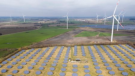 Solar panels stand on the edge of a wind farm in Sprakebuell, Germany.