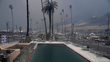  A wildfire-ravaged property is shown after the Palisades Fire swept through in the Pacific Palisades neighborhood of Los Angeles, 8 January 2025. 