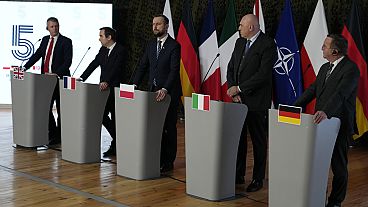 From left: Luke Pollard, Parliamentary Under-Secretary of State in the Britain's Ministry of Defence, France's Minister of the Armed Forces Sebastien Lecornu, Poland's Ministe