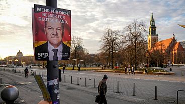 A Social Democratic Party, SPD, election campaign poster showing Chancellor Olaf Scholz and reading: "More For You. Better For Germany."in Berlin, Germany, Monnday, Jan. 13.  