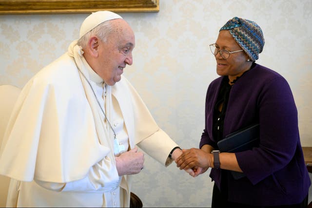 <p>Pope Francis wores a sling on his right arm during his meetings at the Vatican </p>