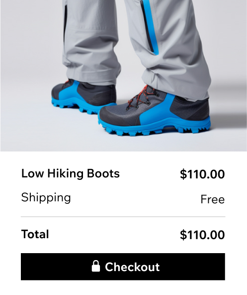 Panels displaying shipping settings for regions and rates. A shipping label above an image of hiking boots that qualify for free shipping.