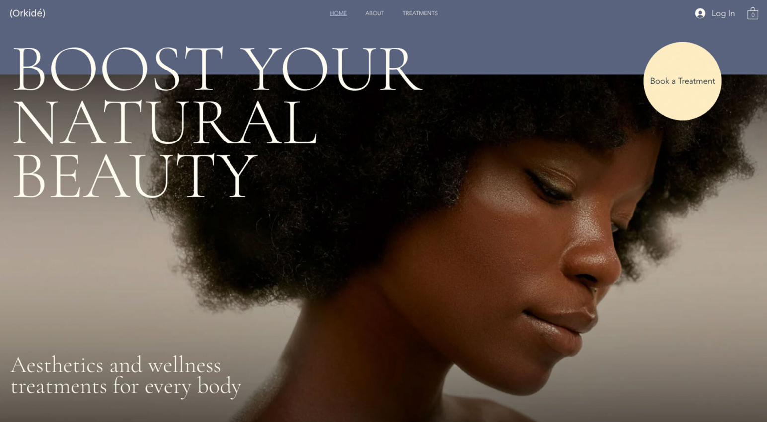 Um template de site criado no Wix Studio para um centro médico e estético. A página inicial mostra uma imagem aproximada do rosto de uma mulher e um cabeçalho que diz "Boost your natural beauty".