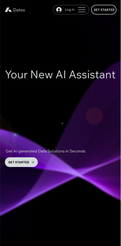 Um template de website criado no Wix Studio para uma empresa de IA chamada Datox. A página inicial mostra um design roxo abstrato e um cabeçalho que diz "Your New AI Assistant".