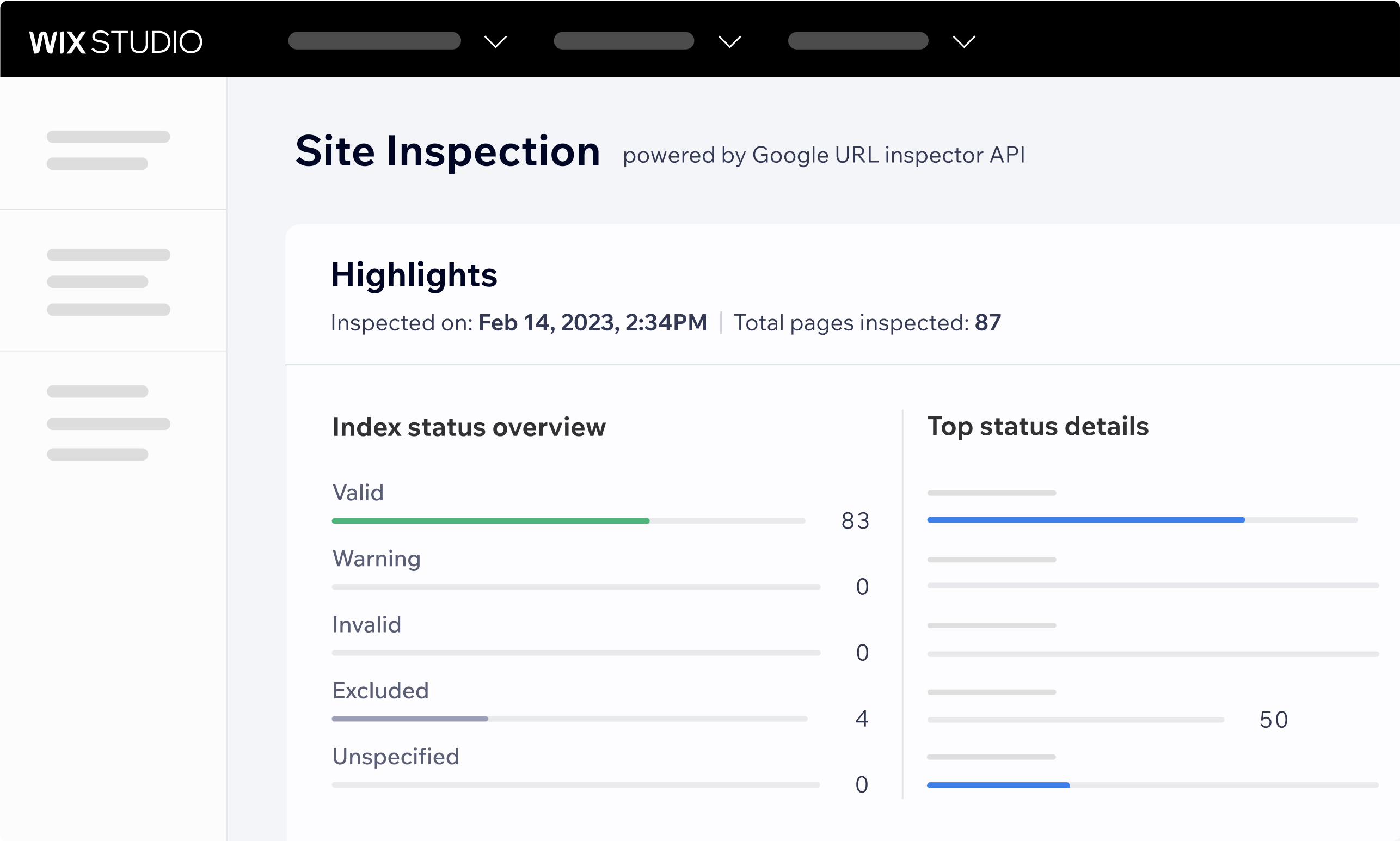 Data from the Wix Site Inspection tool. It has audited 87 website pages and shares information like “index status overview” and “top status overview.” 