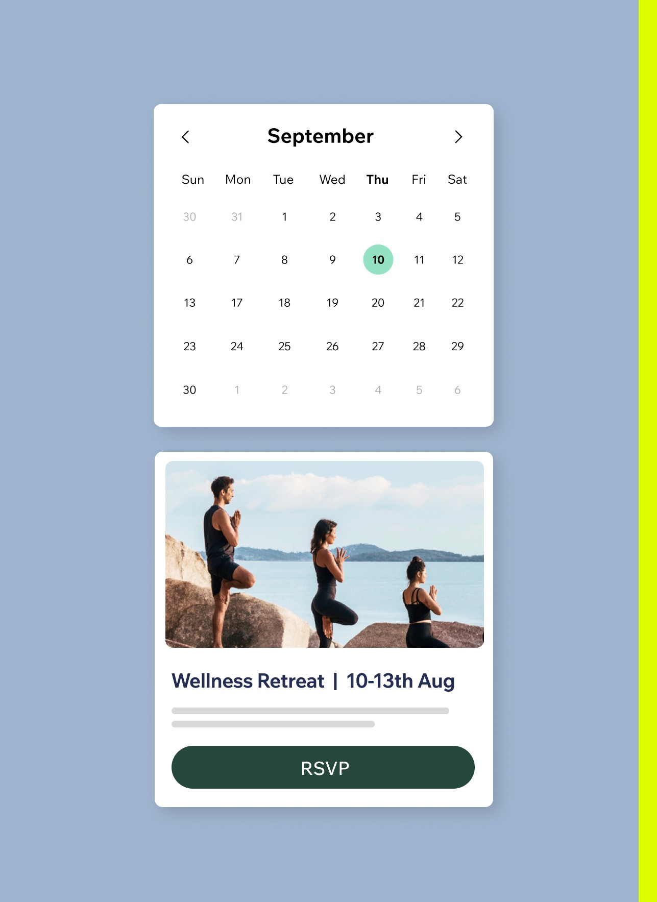 Funcionalidade de agendamento para um retiro de bem-estar mostrando um calendário e um botão para confirmar a participação no evento com uma imagem de pessoas fazendo ioga próximo ao mar.