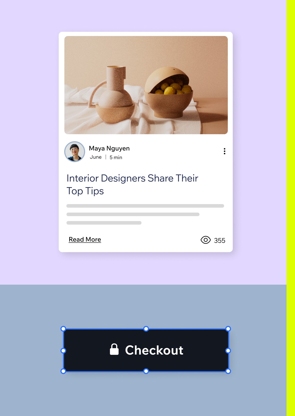 Um mockup de um post do blog para o site de uma loja de decoração de interiores, intitulado "Interior Designers Share Their Top Tips". Abaixo, há um botão que diz "Checkout".