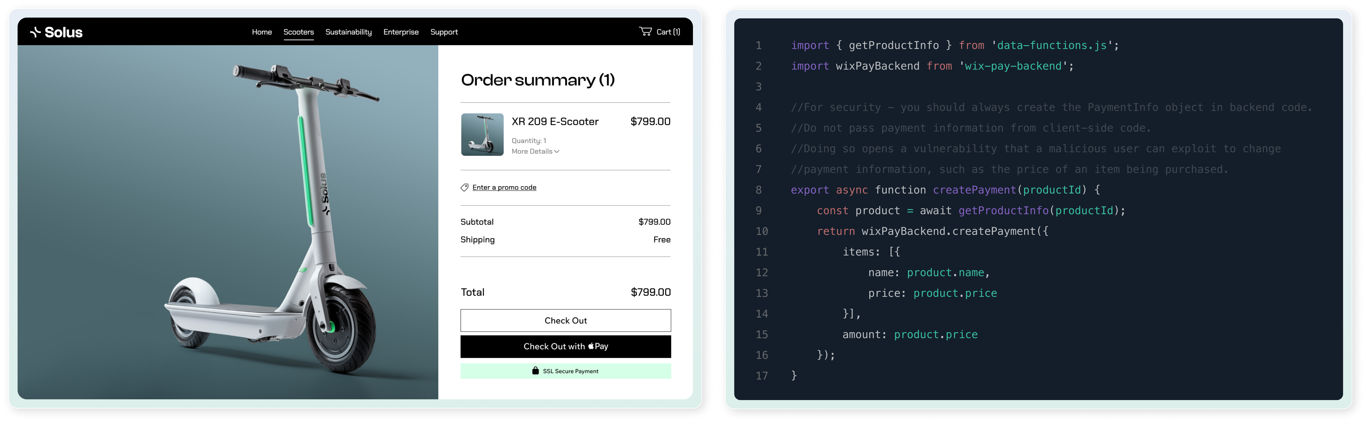 Un récapitulatif de commande au stade du paiement d’un site de e-commerce. La commande concerne un scooter électrique blanc et vert. À droite, un panneau affichant le code dans le backend du site Web lié à la sécurité du site.