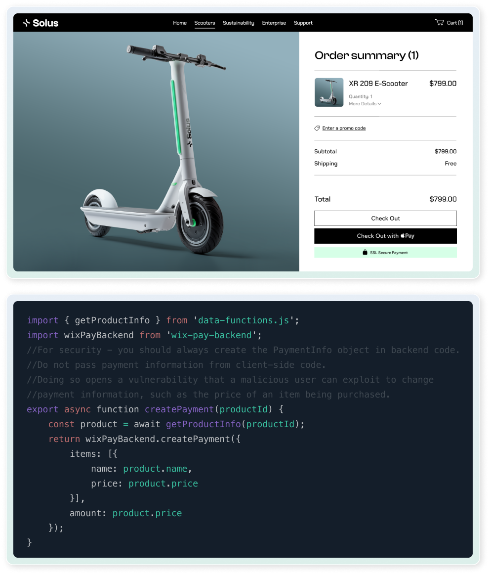 Un récapitulatif de commande au stade du paiement d’un site de e-commerce. La commande concerne un scooter électrique blanc et vert. À droite, un panneau affichant le code dans le backend du site Web lié à la sécurité du site.