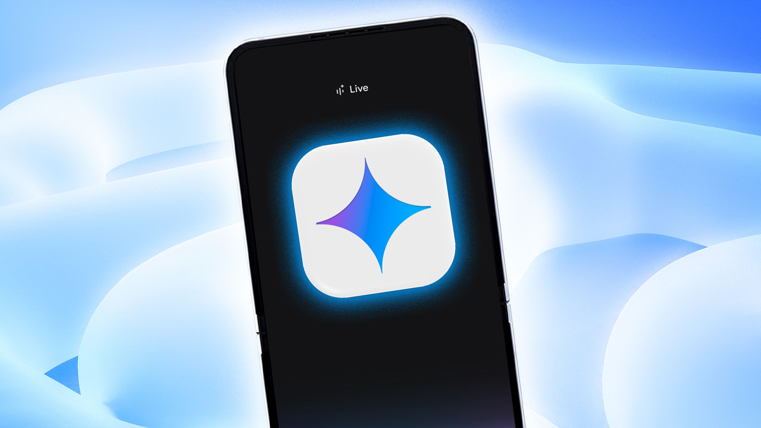 A smartphone screen displaying a glowing app icon with a star-like design, set against a soft blue, cloud-like background.