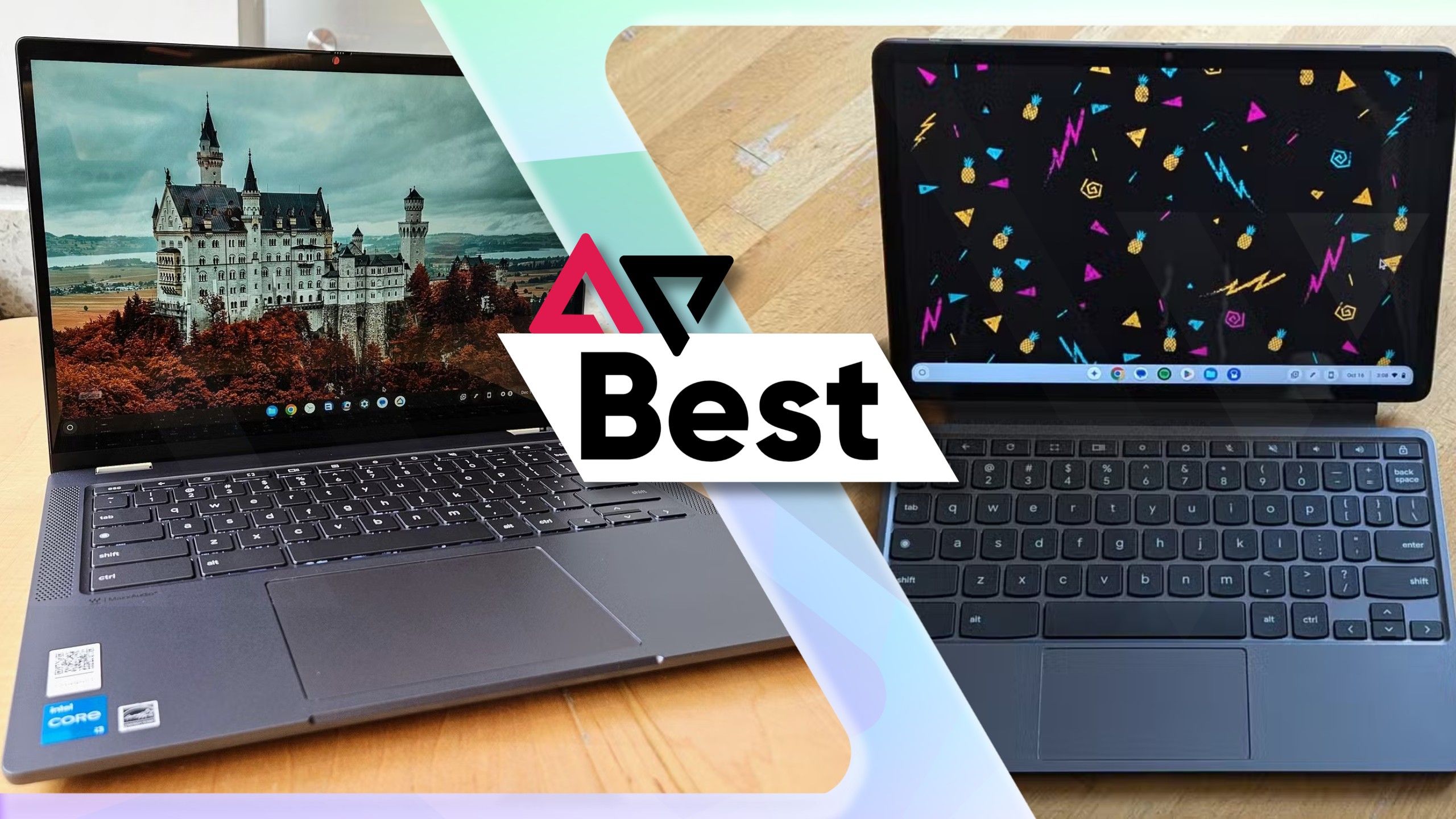 The Lenovo IdeaPad Flex 5i Chromebook Plus on the left and the Lenovo Duet 11 Chromebook on the right with the AP Best logo in the middle.