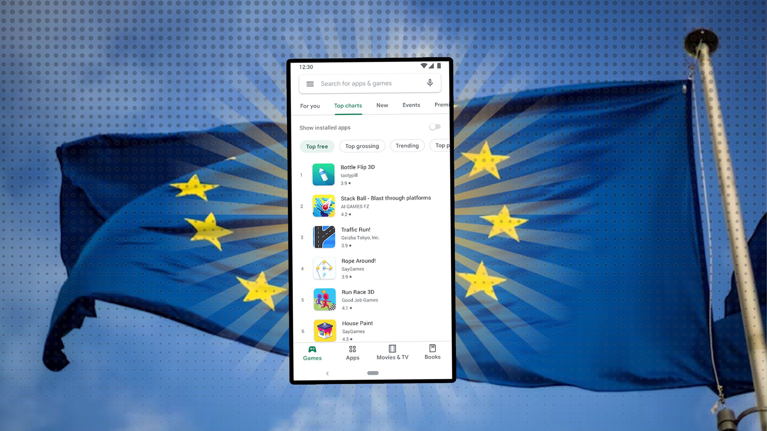 A smartphone displaying the app store in front of a stylized EU flag background