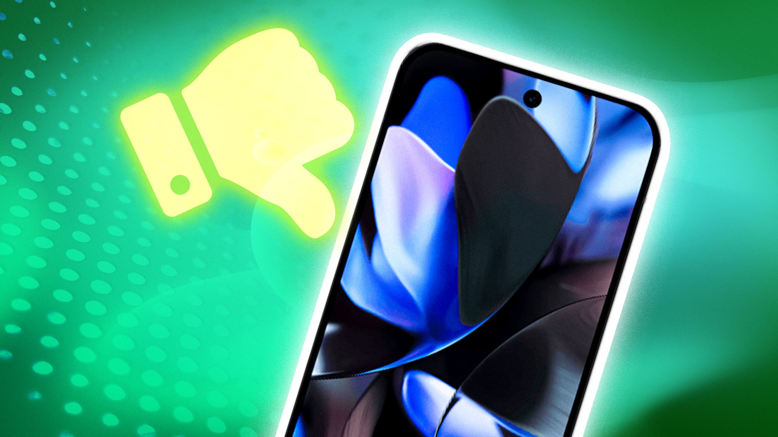 An Android phone with an abstract wallpaper next to a thumbs down icon