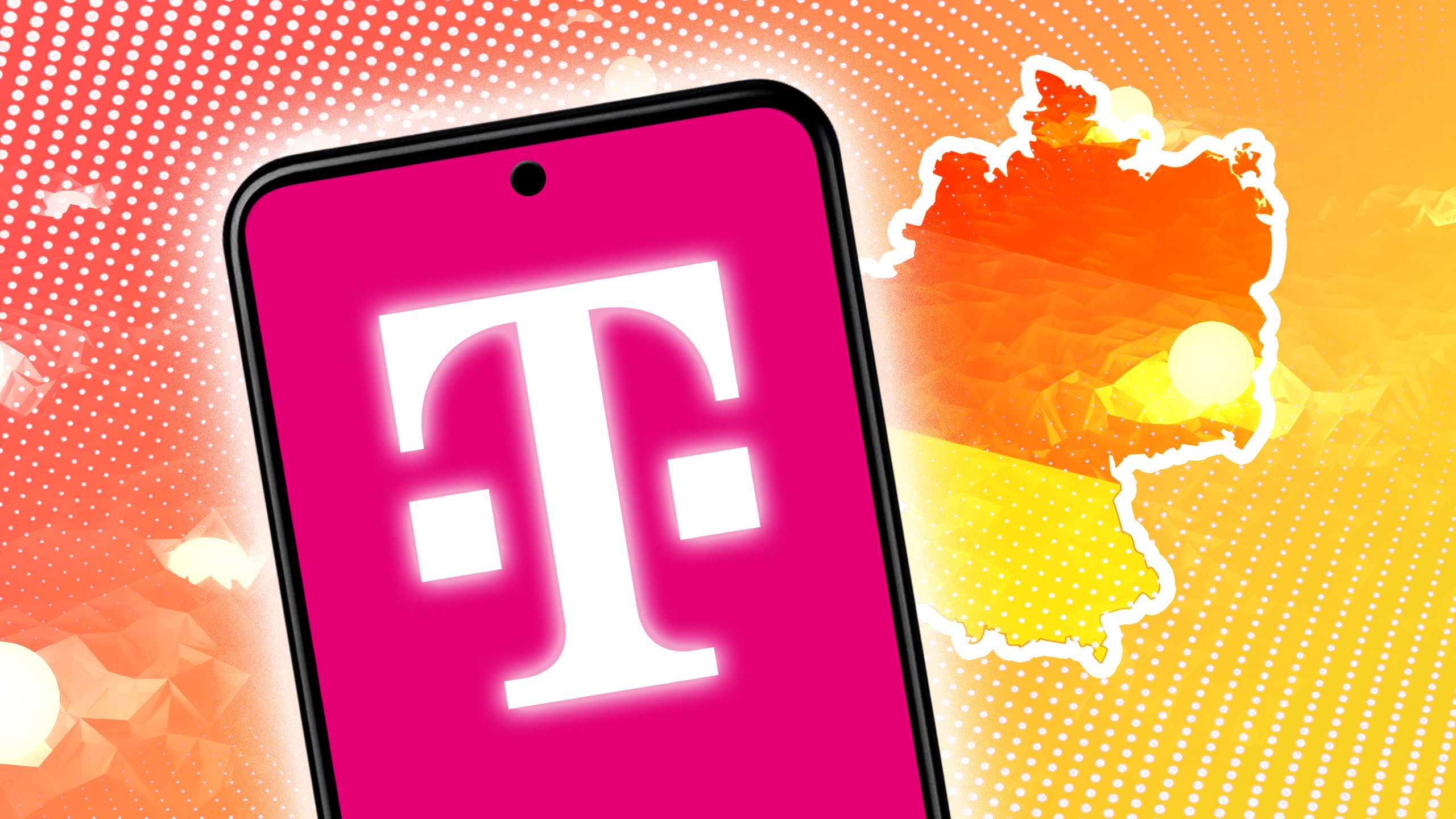 A smartphone against a yellow background showing the T-Mobile logo on the screen 