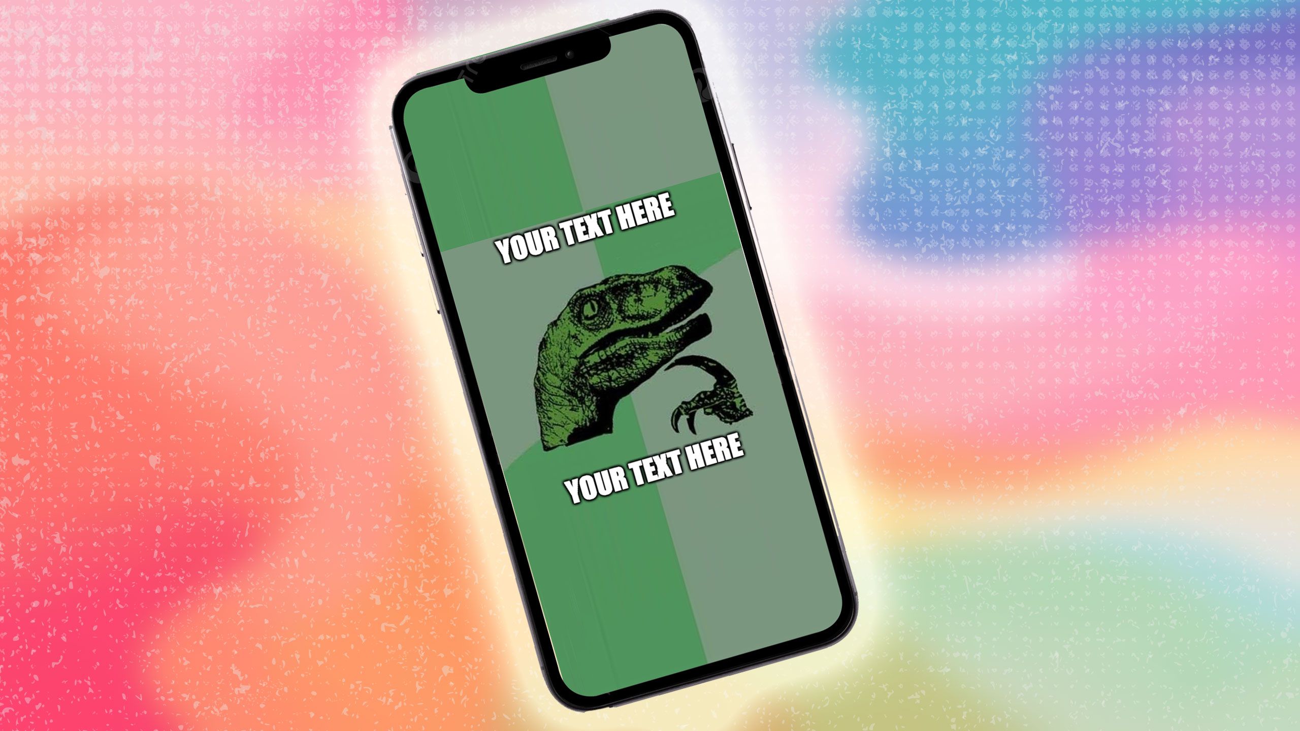 A meme displayed on a phone overlayed on a multi-colored background