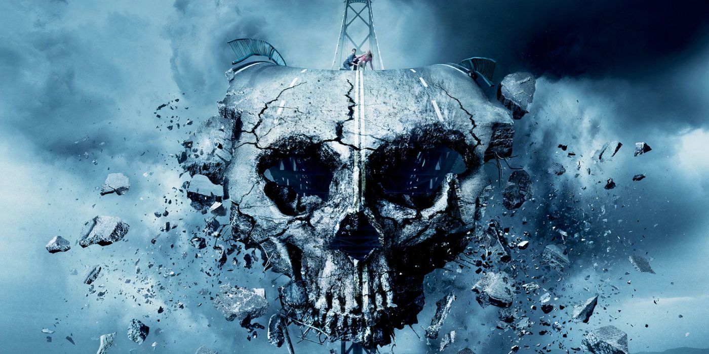 Promo image for 'Final Destination 5' featuring a collapsed bridge, with the concrete morphing into a skull with two people standing on top of it