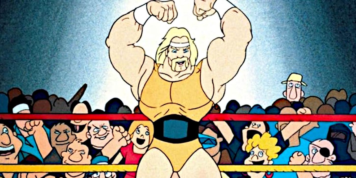 An animated Hulk Hogan raises his hands over his head in the ring in Hulk Hogans Rock N Wrestling