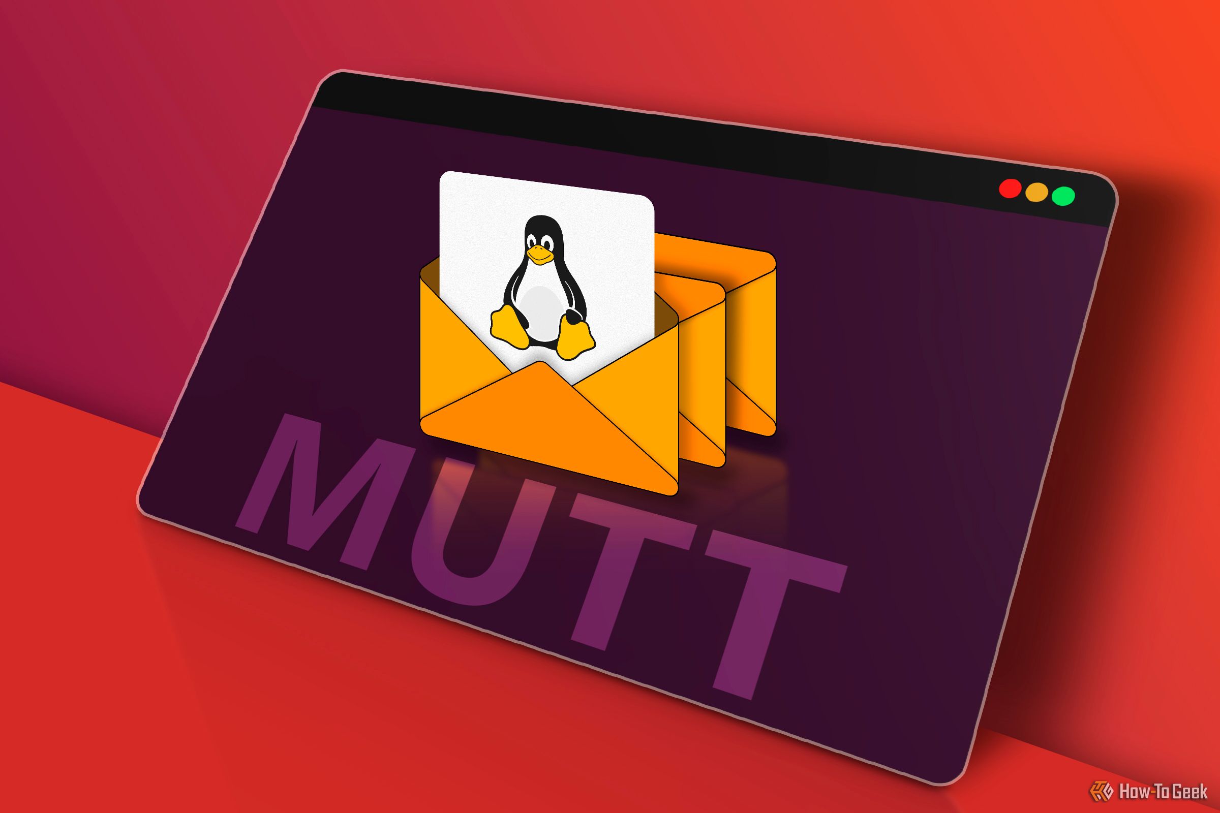 Linux terminal with an envelope featuring the Linux mascot and 'MUTT' written below.