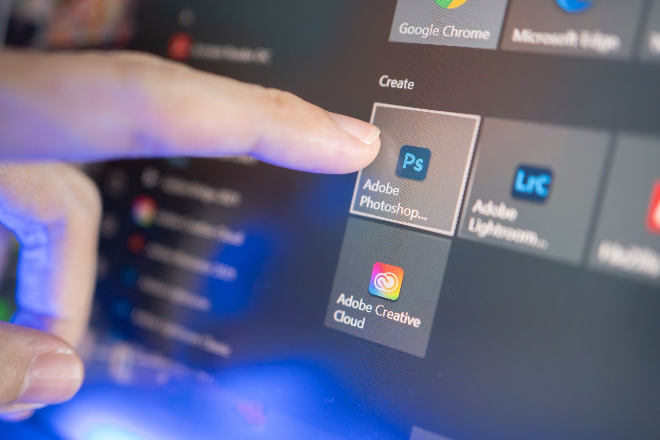 Adobe apps on the start menu of a computer