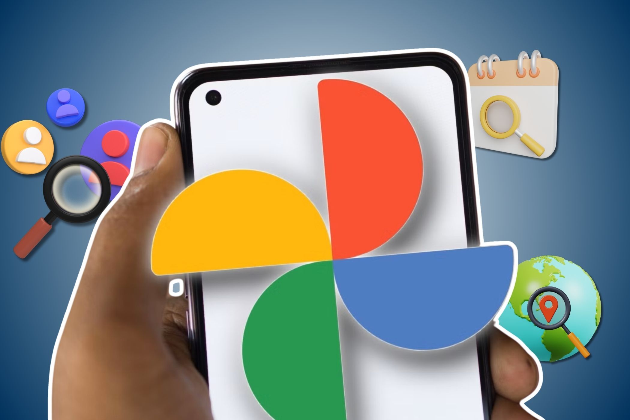 Man holding Android phone with Google Photos logo protruding out and search icons