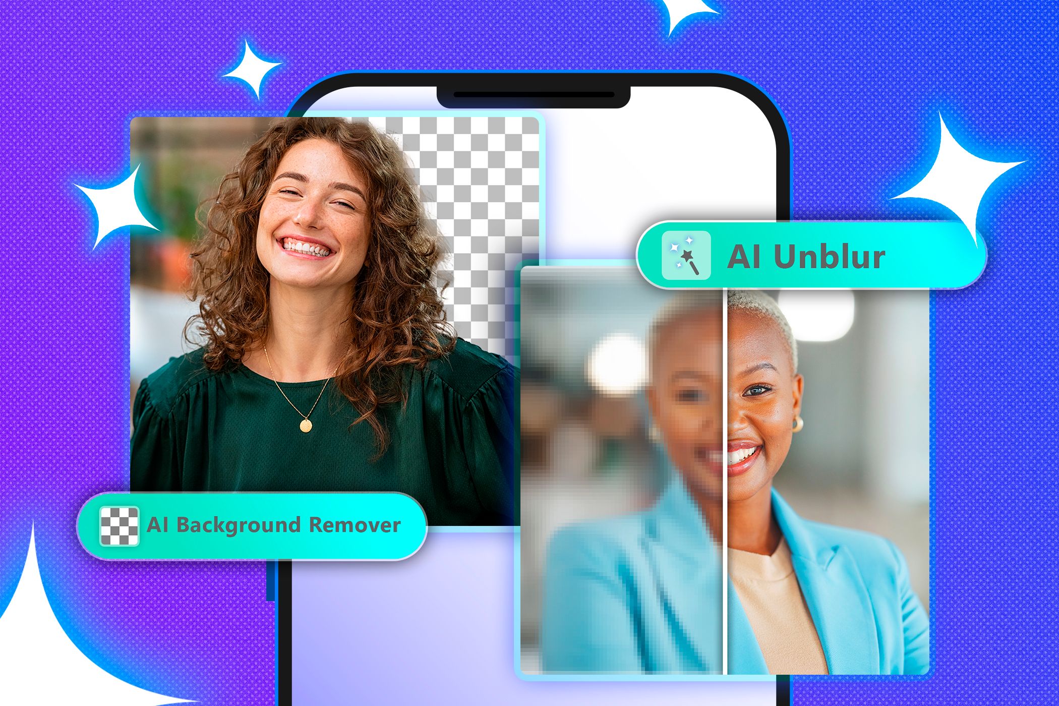 Two photos edited using AI with some sparkles around.