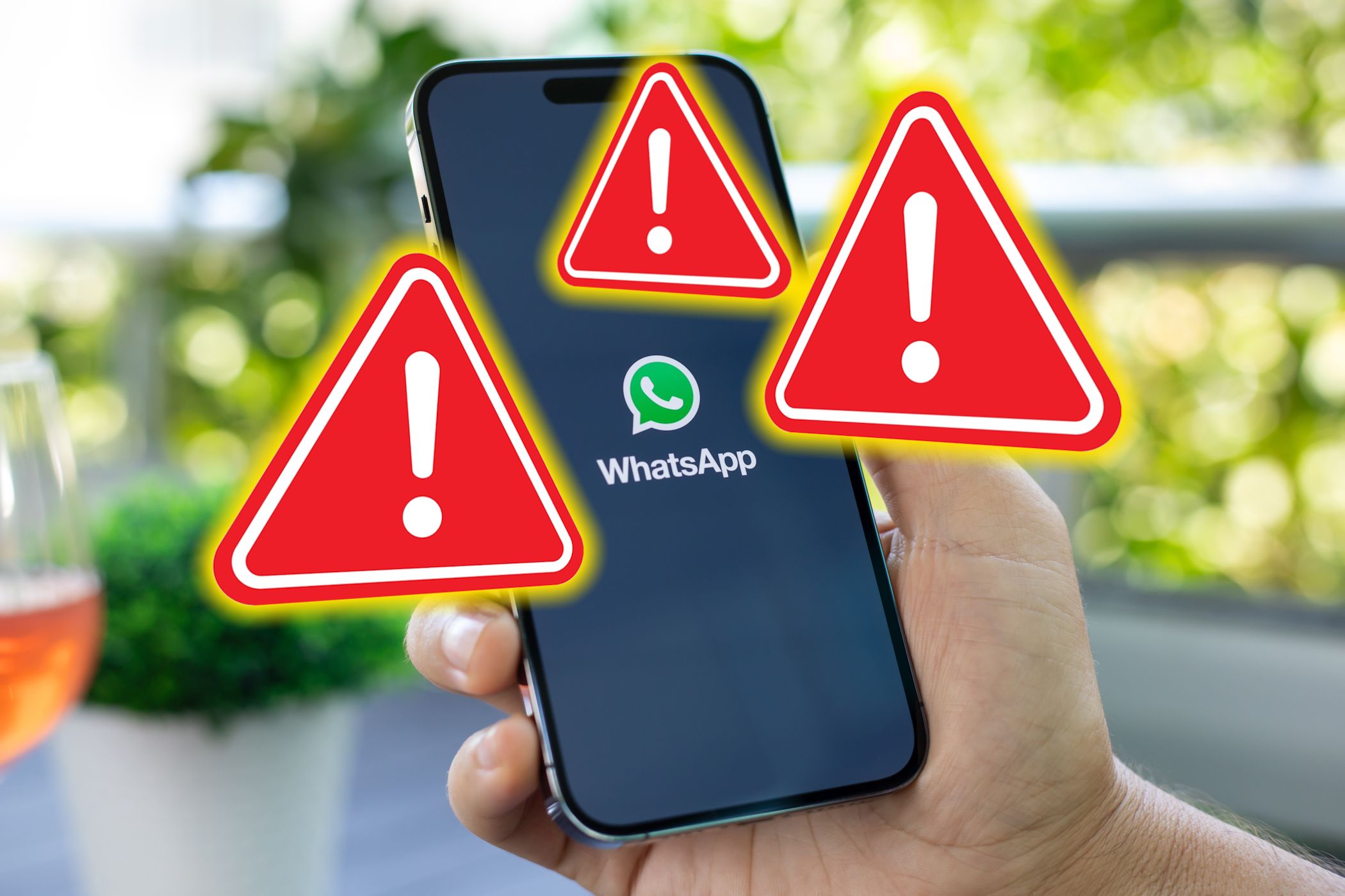 whatsapp logo on smartphone screen with warning signs